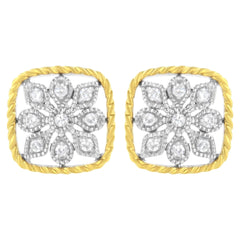 10K Yellow Gold Plated .925 Sterling Silver 1/4 cttw Diamond "Flower in a Box" Stud Earrings (I-J Color, I2-I3 Clarity)