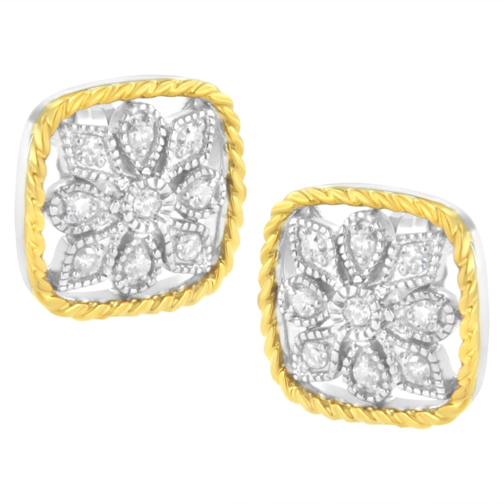 10K Yellow Gold Plated .925 Sterling Silver 1/4 cttw Diamond "Flower in a Box" Stud Earrings (I-J Color, I2-I3 Clarity)
