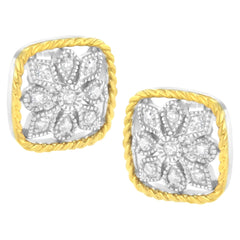 10K Yellow Gold Plated .925 Sterling Silver 1/4 cttw Diamond "Flower in a Box" Stud Earrings (I-J Color, I2-I3 Clarity)