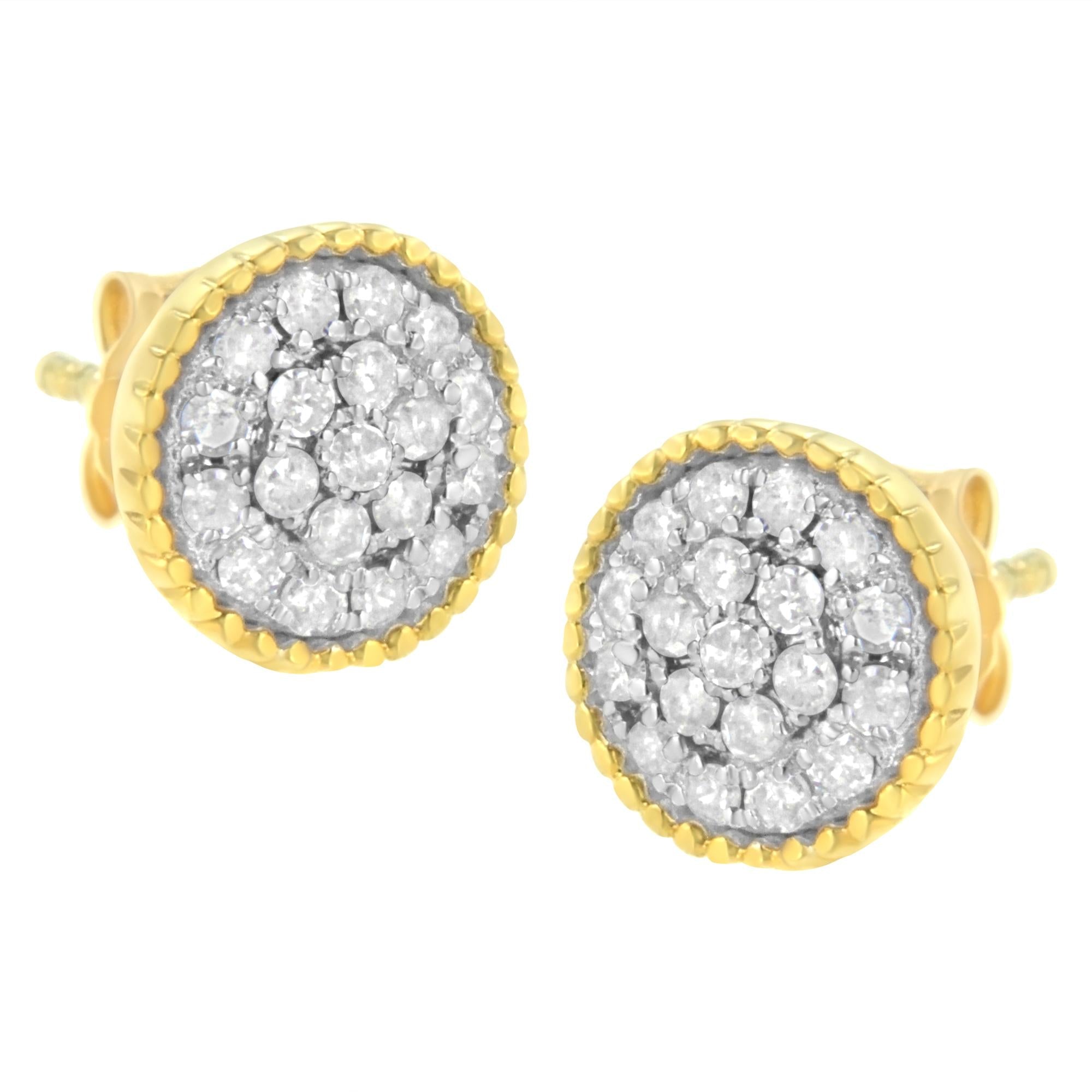 10K Yellow Gold Plated .925 Sterling Silver 1/2 cttw Diamond Floral Cluster Milgrained Stud Earring (I-J Color, I2-I3 Clarity)