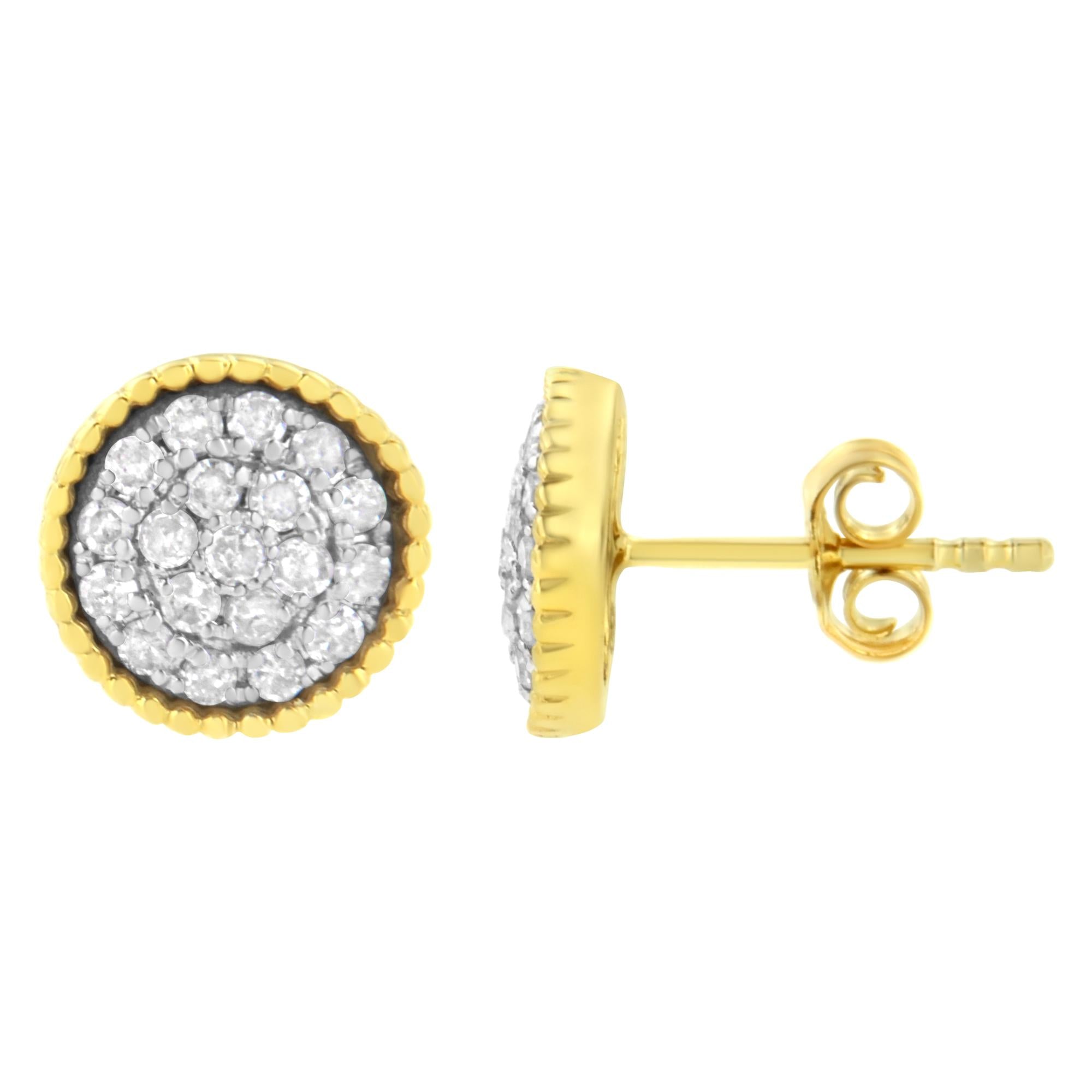 10K Yellow Gold Plated .925 Sterling Silver 1/2 cttw Diamond Floral Cluster Milgrained Stud Earring (I-J Color, I2-I3 Clarity)