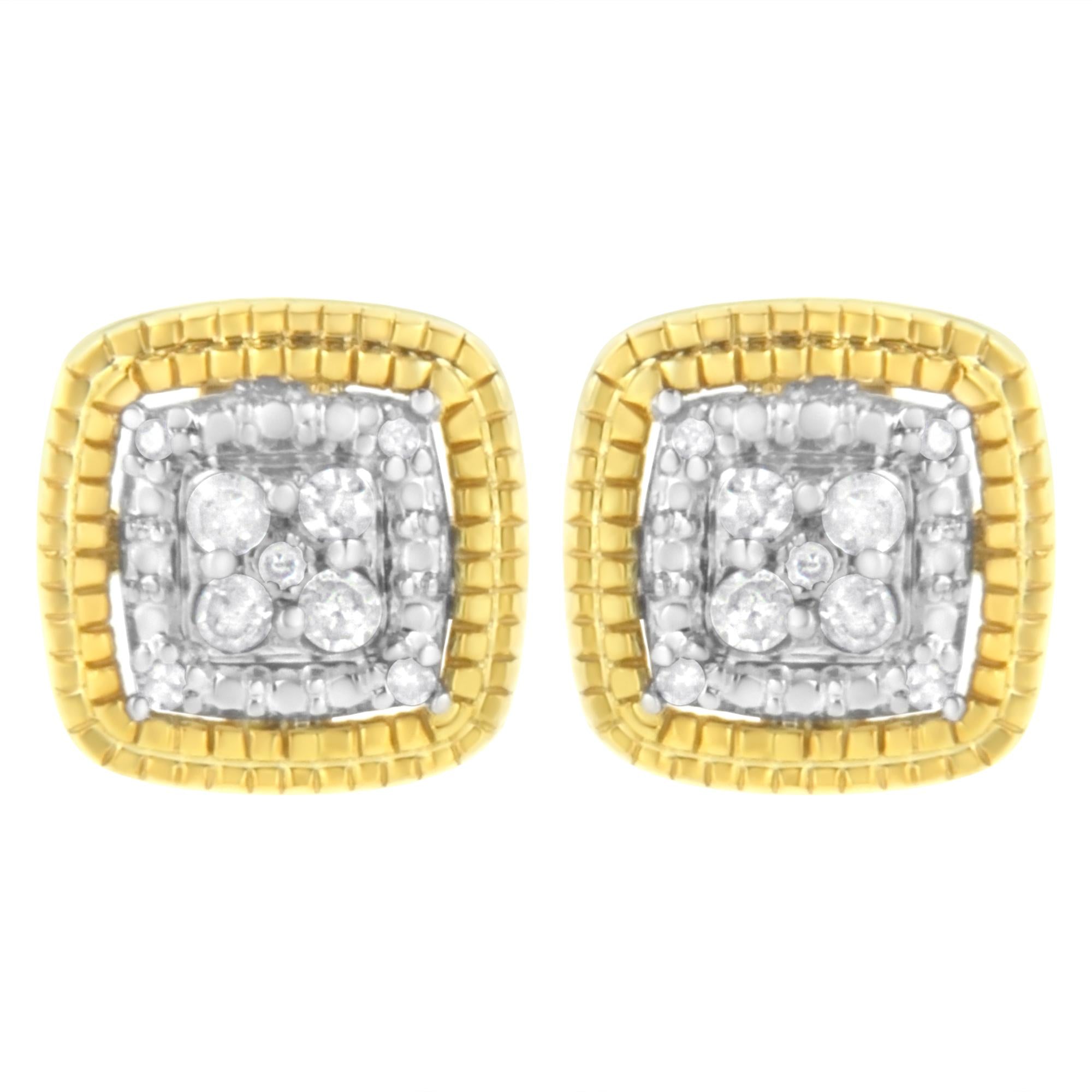 .925 Sterling Silver 1/10 Cttw Prong-Set Round Cut Diamond Square Shape with Milgrain Halo Stud Earrings (I-J Color, I2-I3 Clarity)