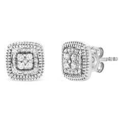.925 Sterling Silver 1/10 Cttw Prong-Set Round Cut Diamond Square Shape with Milgrain Halo Stud Earrings (I-J Color, I2-I3 Clarity)