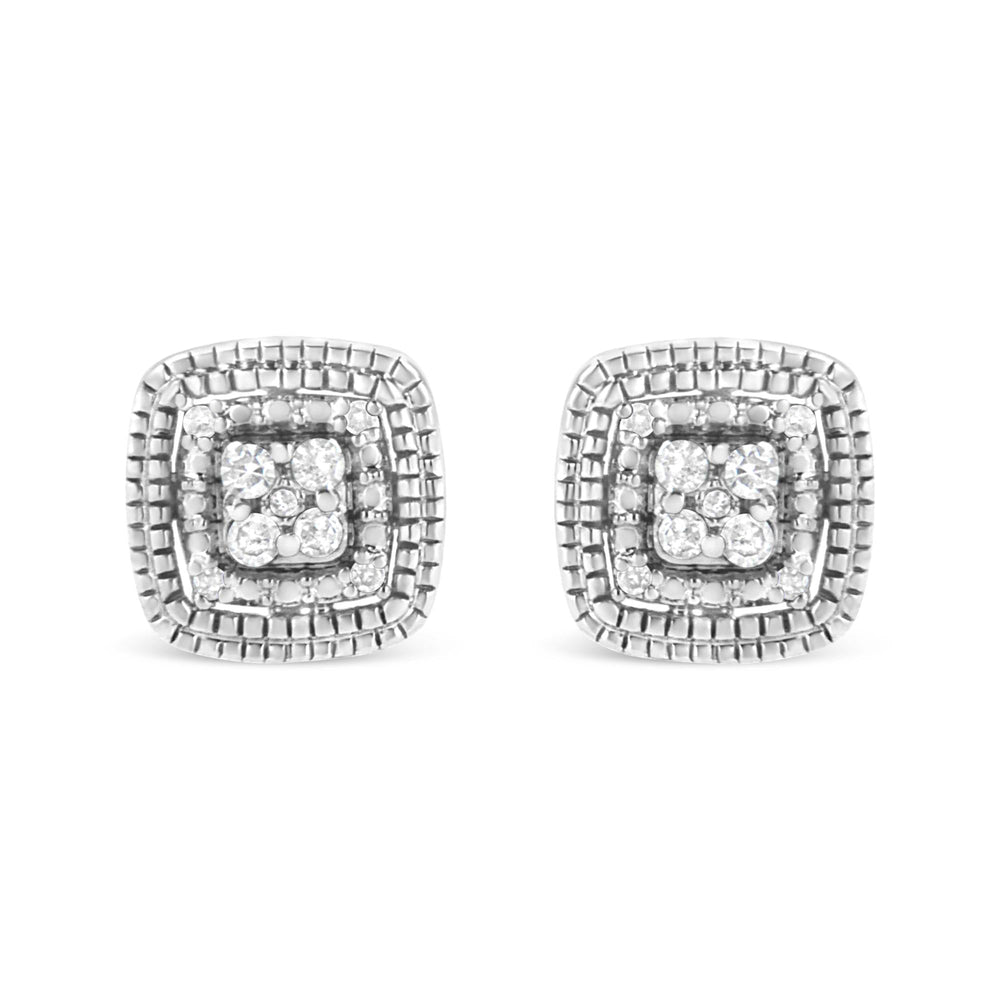.925 Sterling Silver 1/10 Cttw Prong-Set Round Cut Diamond Square Shape with Milgrain Halo Stud Earrings (I-J Color, I2-I3 Clarity)