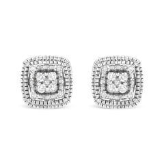 .925 Sterling Silver 1/10 Cttw Prong-Set Round Cut Diamond Square Shape with Milgrain Halo Stud Earrings (I-J Color, I2-I3 Clarity)