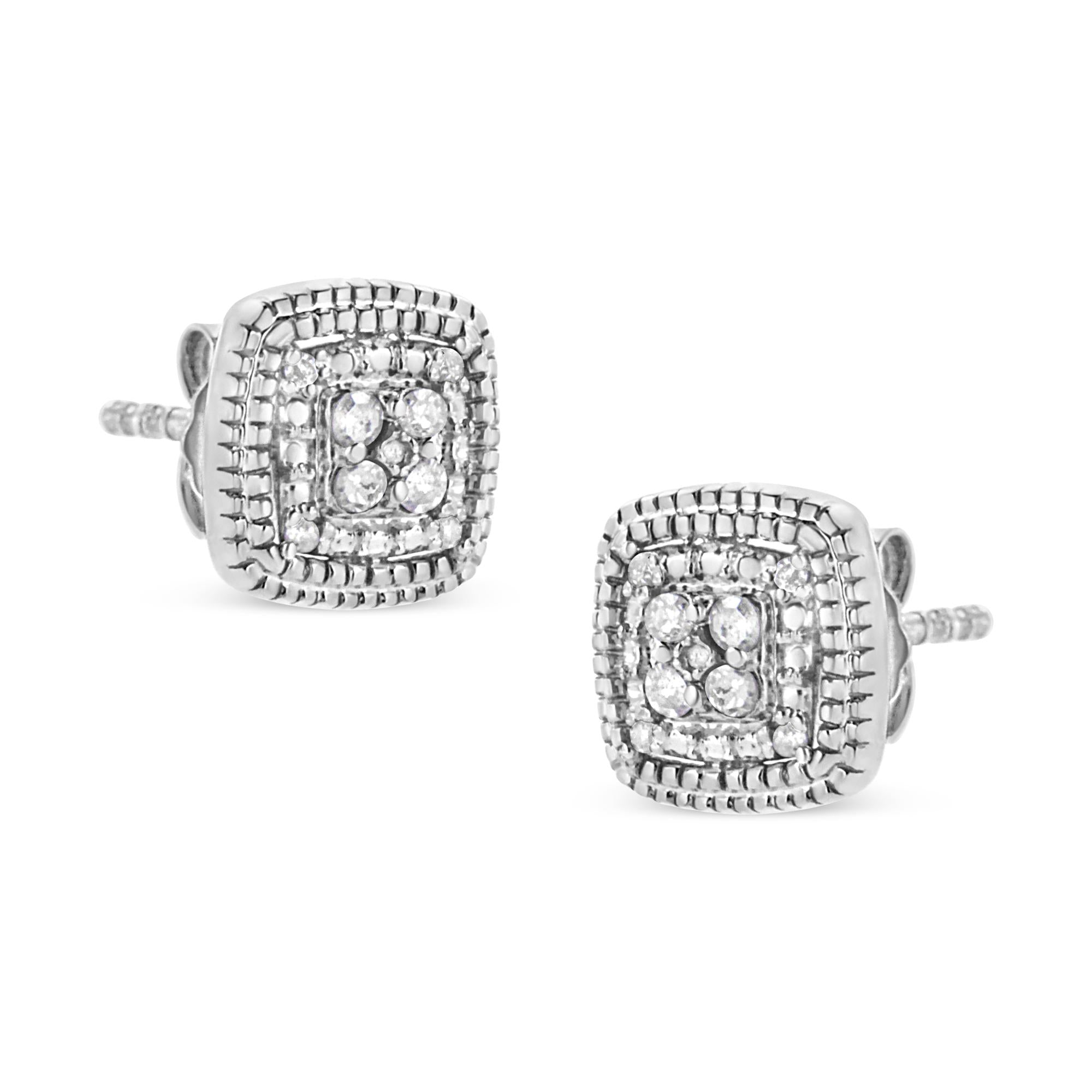 .925 Sterling Silver 1/10 Cttw Prong-Set Round Cut Diamond Square Shape with Milgrain Halo Stud Earrings (I-J Color, I2-I3 Clarity)