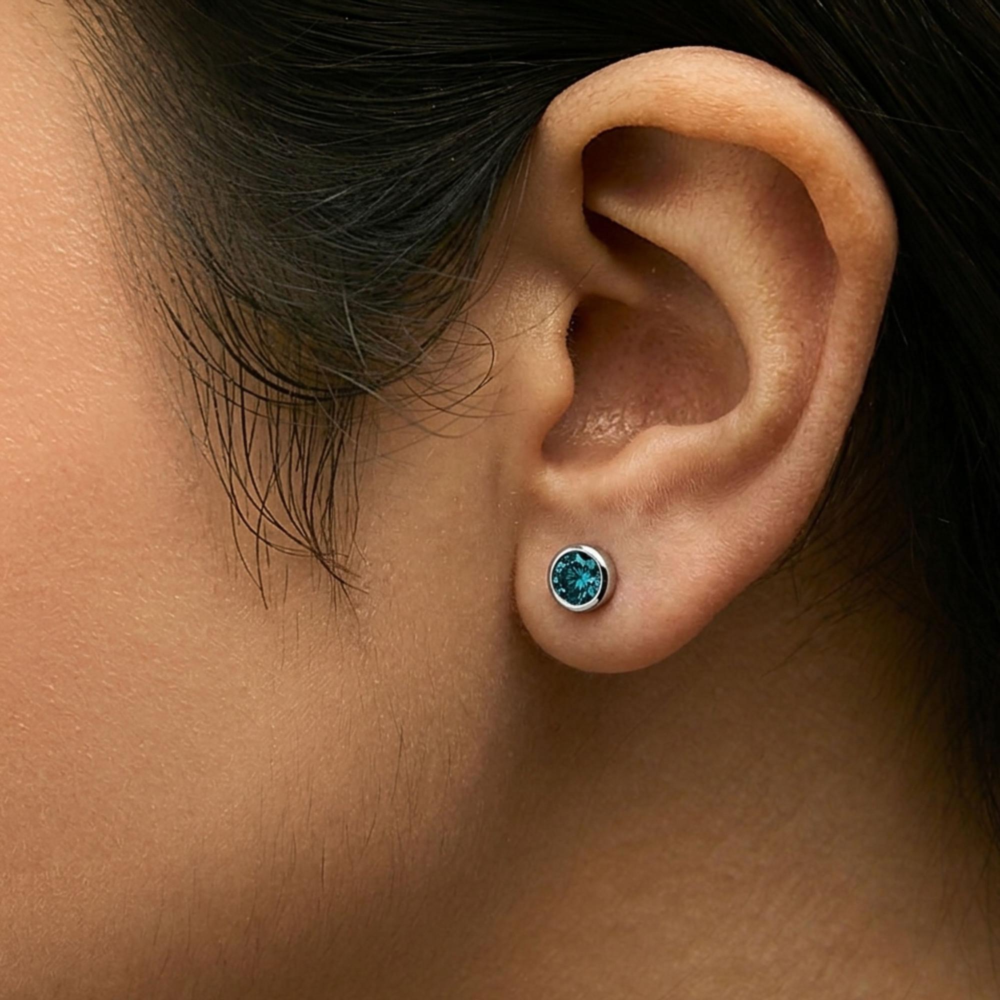 14K Gold Bezel Set Lab Grown Blue Diamond Solitaire Stud Earrings