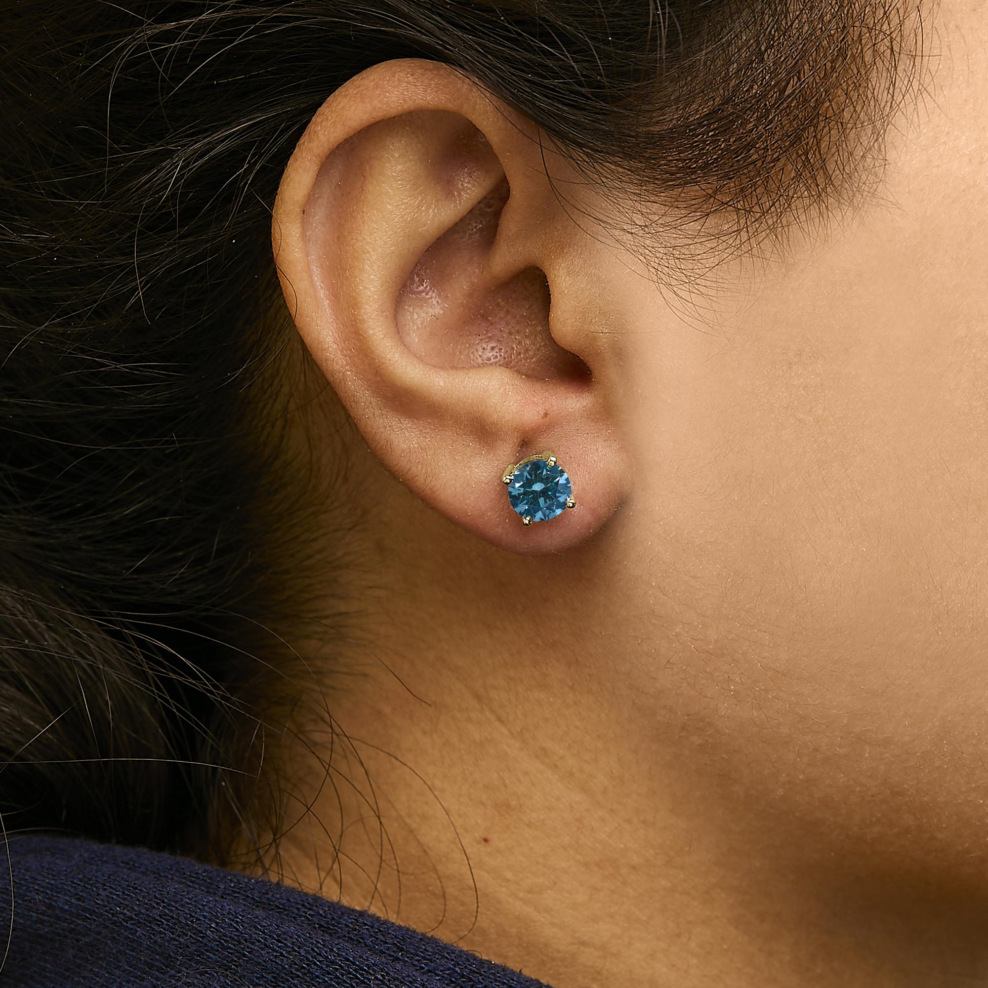 14K Gold Blue Lab Grown Diamond Stud Earrings with Screw Backs