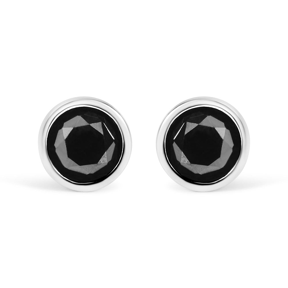 .925 Sterling Silver Round Brilliant-Cut Black Diamond Bezel-Set Stud Earrings with Screw Backs (Fancy Color-Enhanced, I2-I3 Clarity)