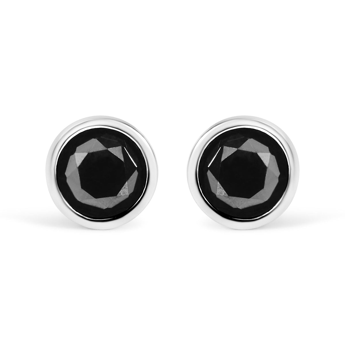 14K White Gold Round Brilliant-Cut Black Diamond Bezel-Set Stud Earrings with Screw Backs (Fancy Color-Enhanced, I2-I3 Clarity)