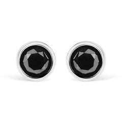 14K White Gold Round Brilliant-Cut Black Diamond Bezel-Set Stud Earrings with Screw Backs (Fancy Color-Enhanced, I2-I3 Clarity)