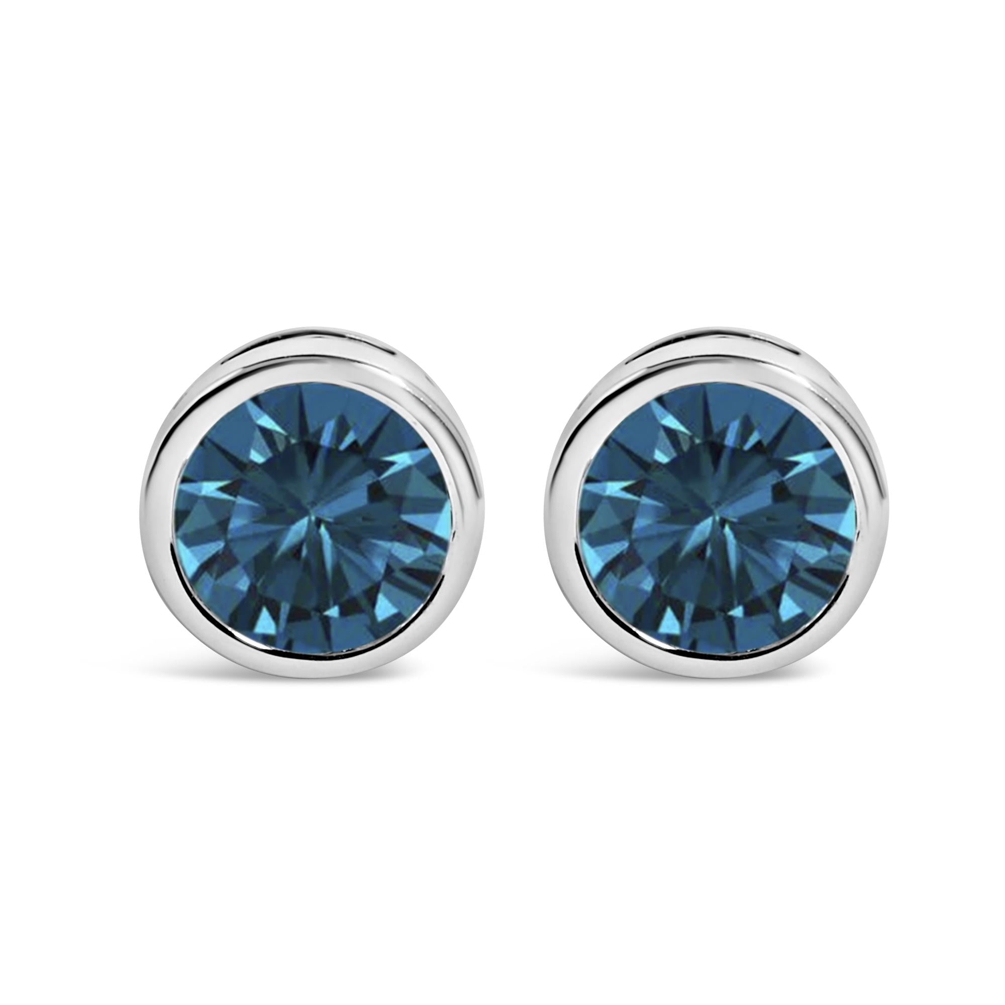 14K Gold Bezel Set Lab Grown Blue Diamond Solitaire Stud Earrings