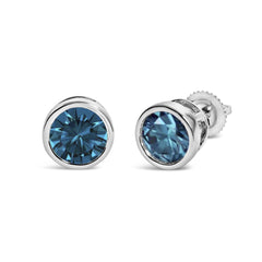 14K Gold Bezel Set Lab Grown Blue Diamond Solitaire Stud Earrings