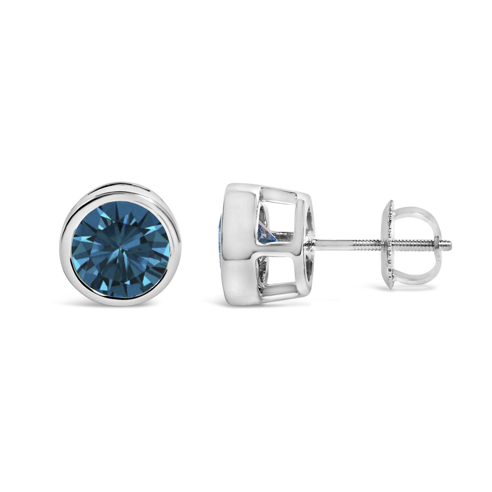 14K Gold Bezel Set Lab Grown Blue Diamond Solitaire Stud Earrings