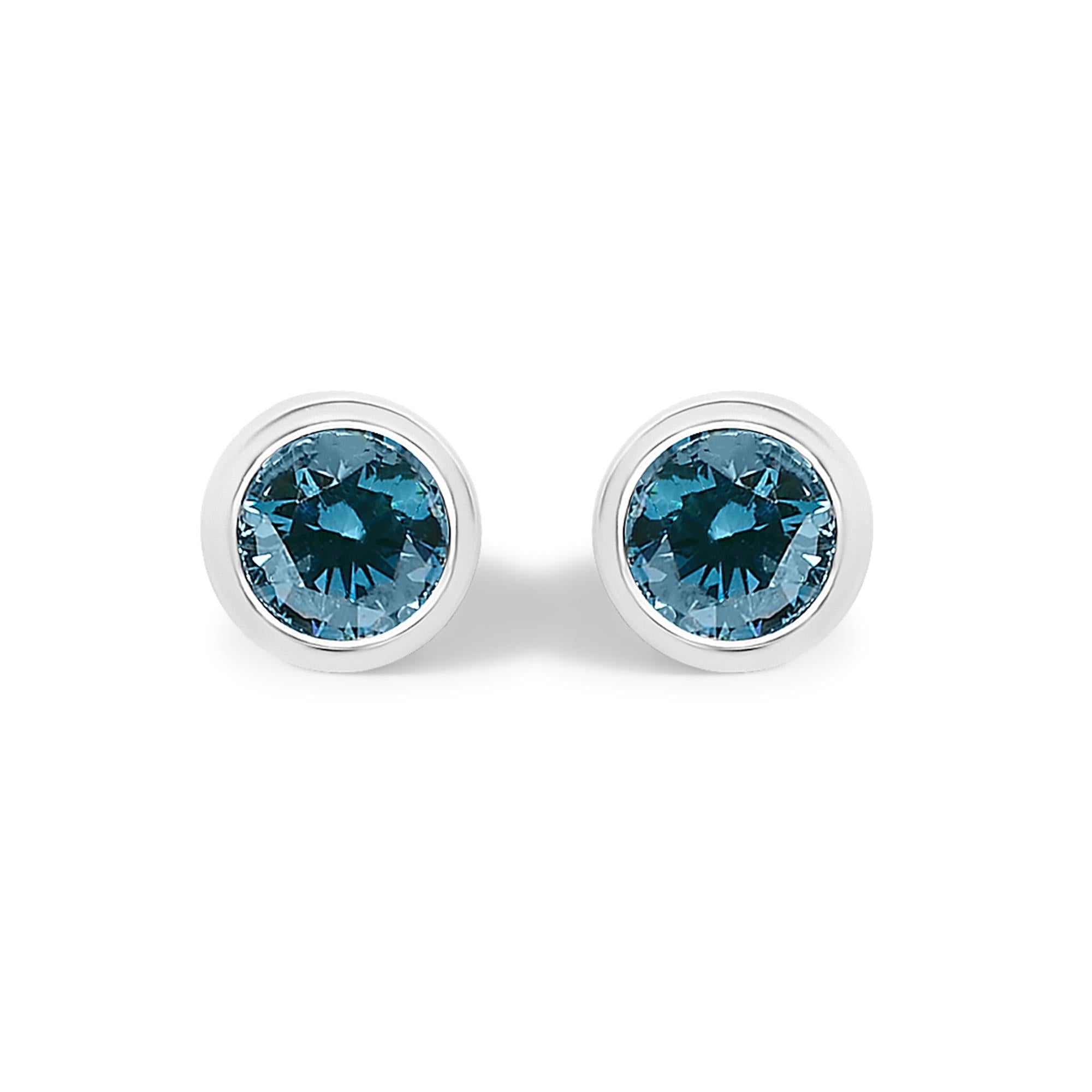 14K Gold Bezel Set Lab Grown Blue Diamond Solitaire Stud Earrings
