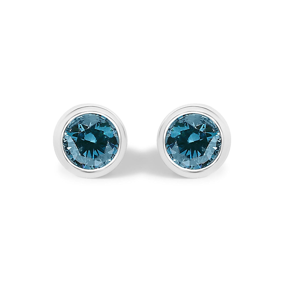 14K Gold Bezel Set Lab Grown Blue Diamond Solitaire Stud Earrings