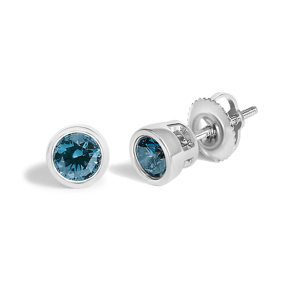 14K Gold Bezel Set Lab Grown Blue Diamond Solitaire Stud Earrings