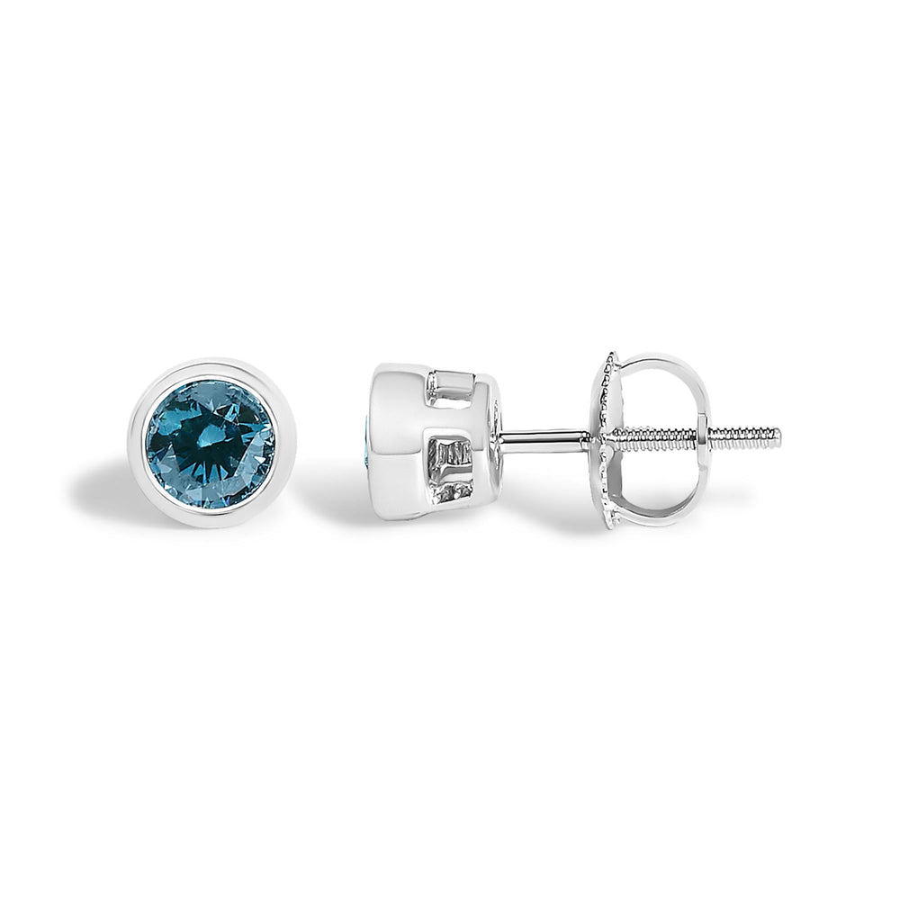 14K Gold Bezel Set Lab Grown Blue Diamond Solitaire Stud Earrings
