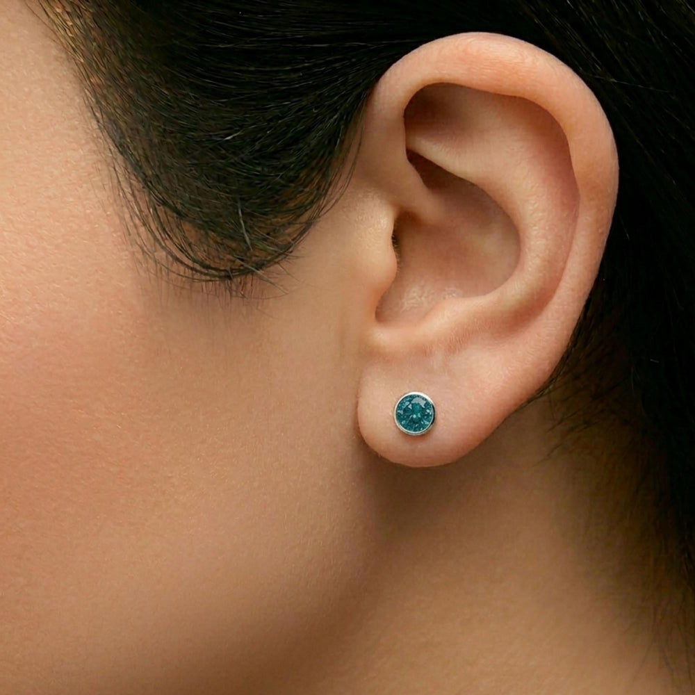 14K Gold Bezel Set Lab Grown Blue Diamond Solitaire Stud Earrings