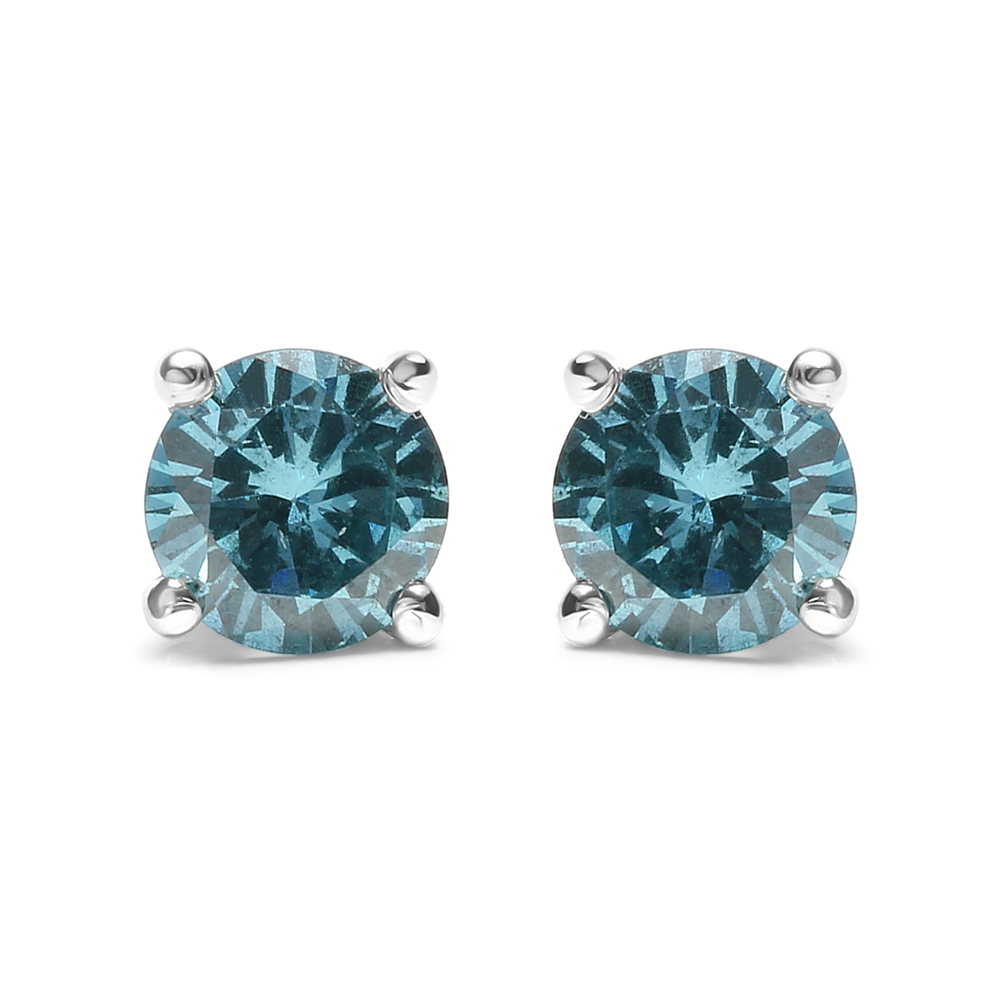 14K Gold 1/2 Cttw Aqua Blue Diamond Screw-Back 4-Prong Classic Stud Earrings (Color Treated, I2-I3)
