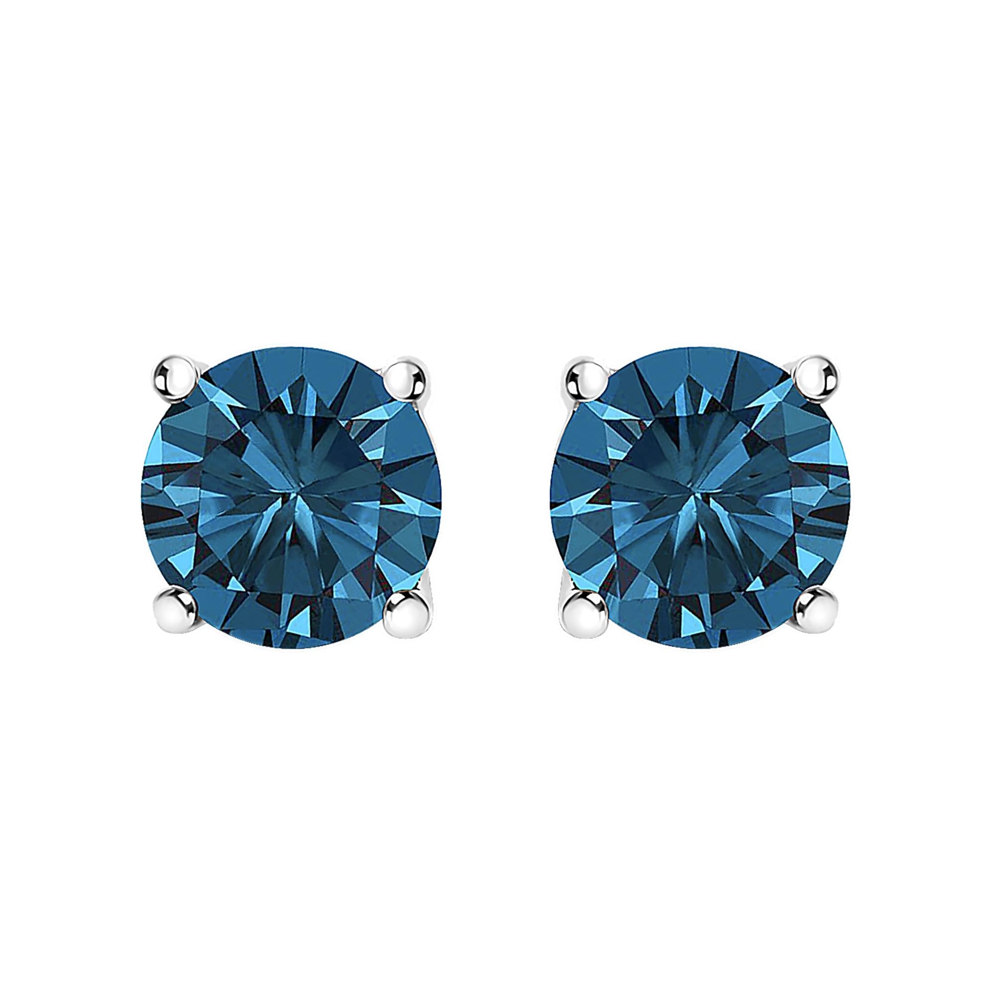 14K Gold Round Brilliant Cut Lab Grown Blue Diamond 4-Prong Classic Solitaire Stud Earrings with Pushbacks