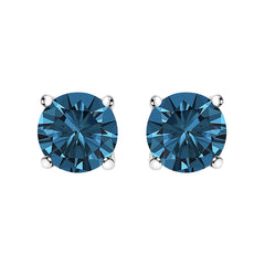 14K Gold Round Brilliant Cut Lab Grown Blue Diamond 4-Prong Classic Solitaire Stud Earrings with Pushbacks