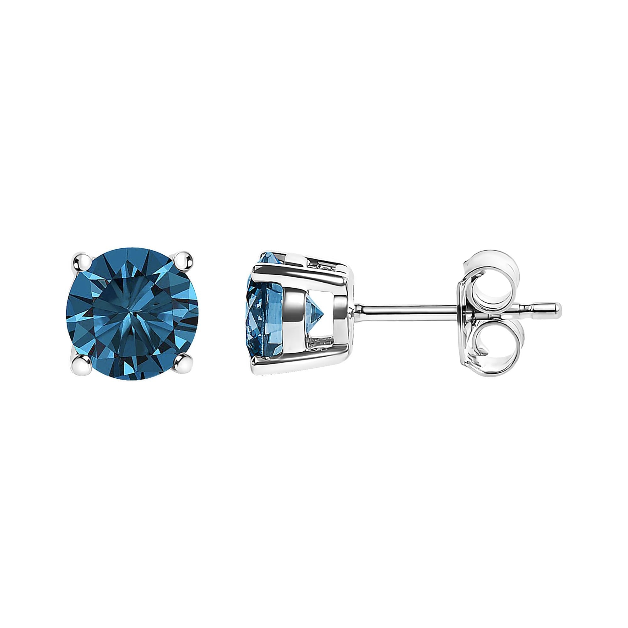 14K Gold Round Brilliant Cut Lab Grown Blue Diamond 4-Prong Classic Solitaire Stud Earrings with Pushbacks