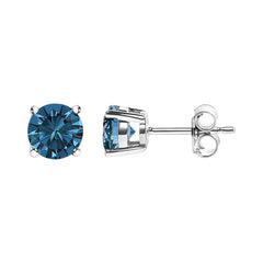 14K Gold Round Brilliant Cut Lab Grown Blue Diamond 4-Prong Classic Solitaire Stud Earrings with Pushbacks