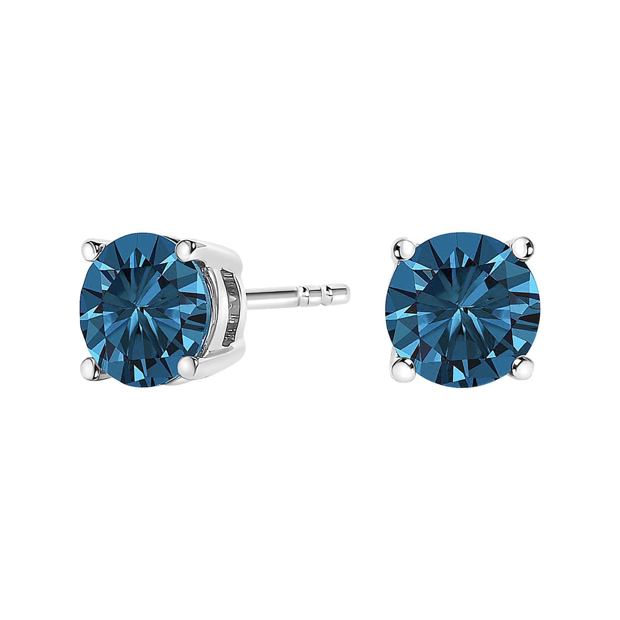 14K Gold Round Brilliant Cut Lab Grown Blue Diamond 4-Prong Classic Solitaire Stud Earrings with Pushbacks