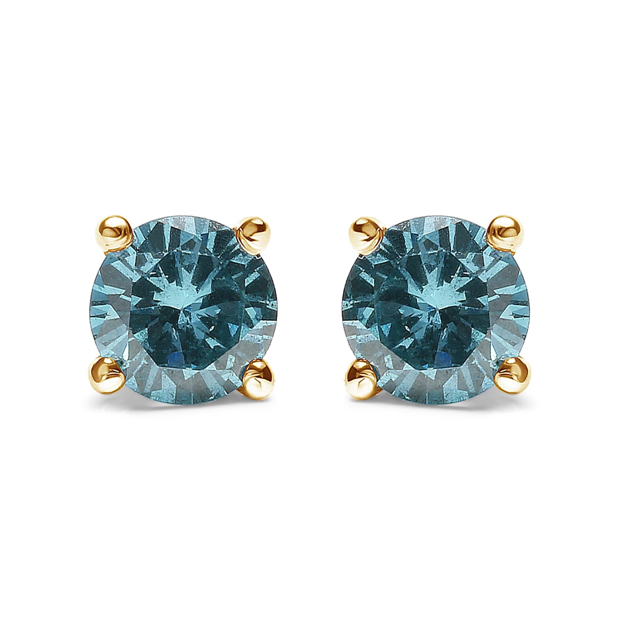 14K Gold 1/2 Cttw Aqua Blue Diamond Screw-Back 4-Prong Classic Stud Earrings (Color Treated, I2-I3)