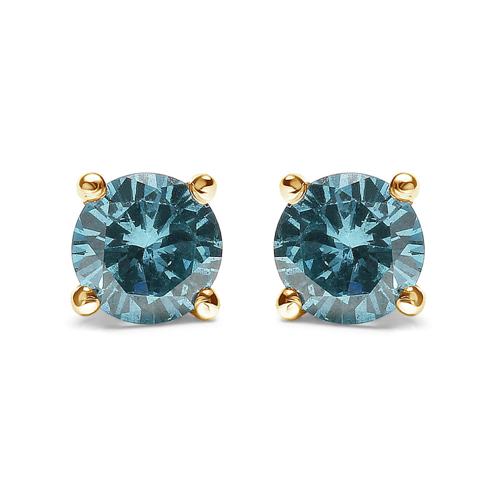 14K Gold 1/2 Cttw Aqua Blue Diamond Screw-Back 4-Prong Classic Stud Earrings (Color Treated, I2-I3)
