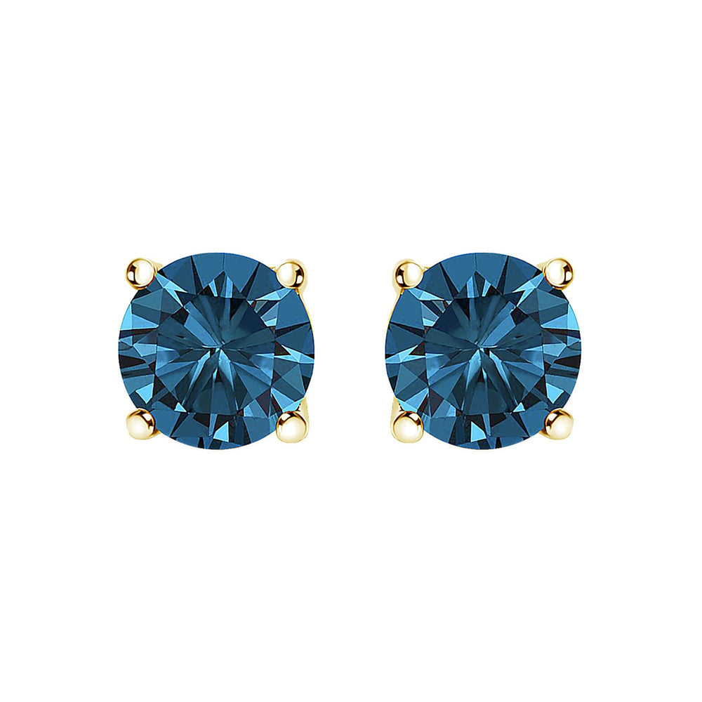 14K Gold Round Brilliant Cut Lab Grown Blue Diamond 4-Prong Classic Solitaire Stud Earrings with Pushbacks