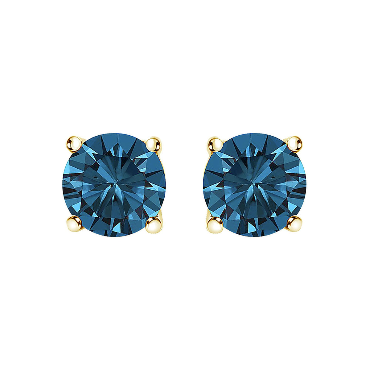 14K Gold Round Brilliant Cut Lab Grown Blue Diamond 4-Prong Classic Solitaire Stud Earrings with Pushbacks