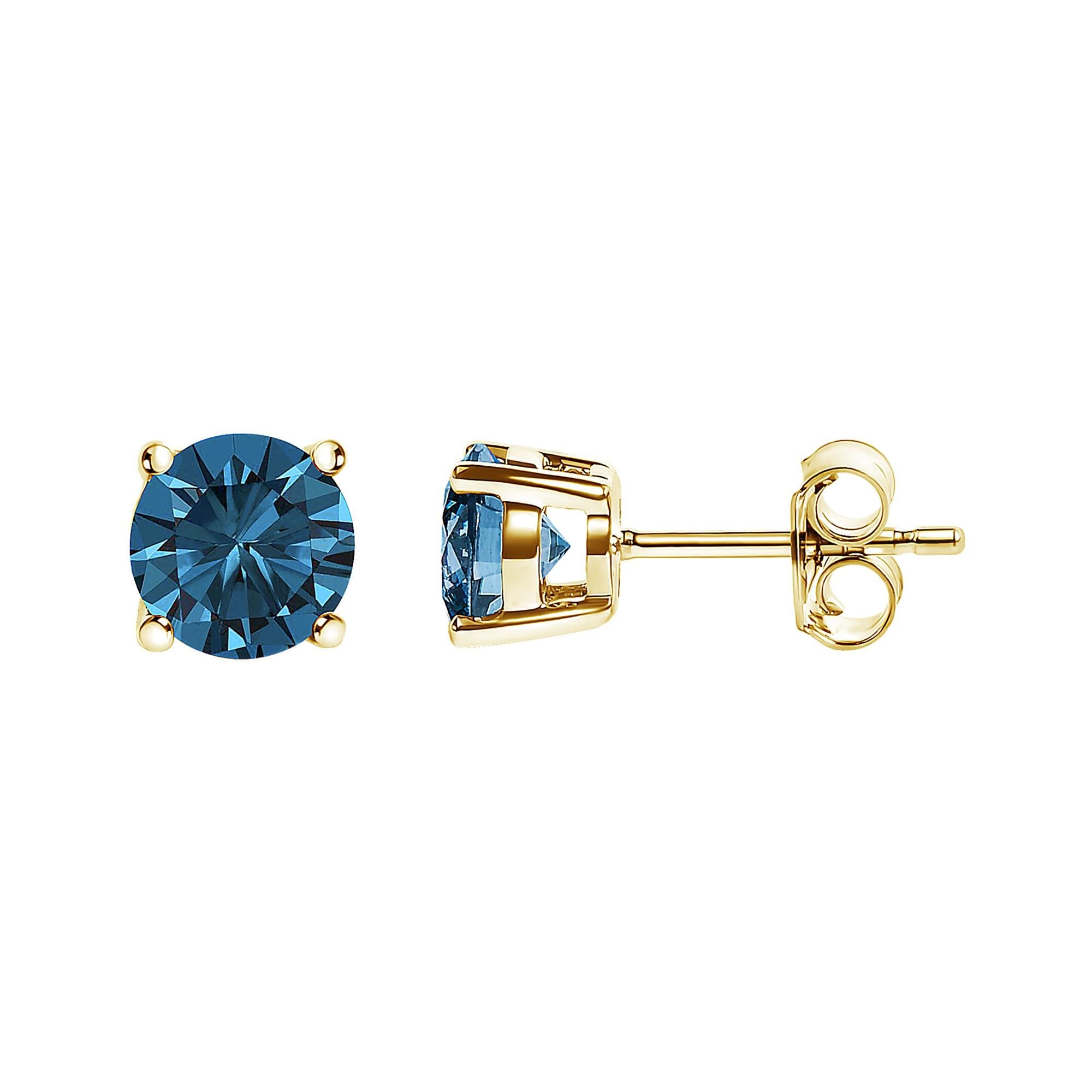 14K Gold Round Brilliant Cut Lab Grown Blue Diamond 4-Prong Classic Solitaire Stud Earrings with Pushbacks