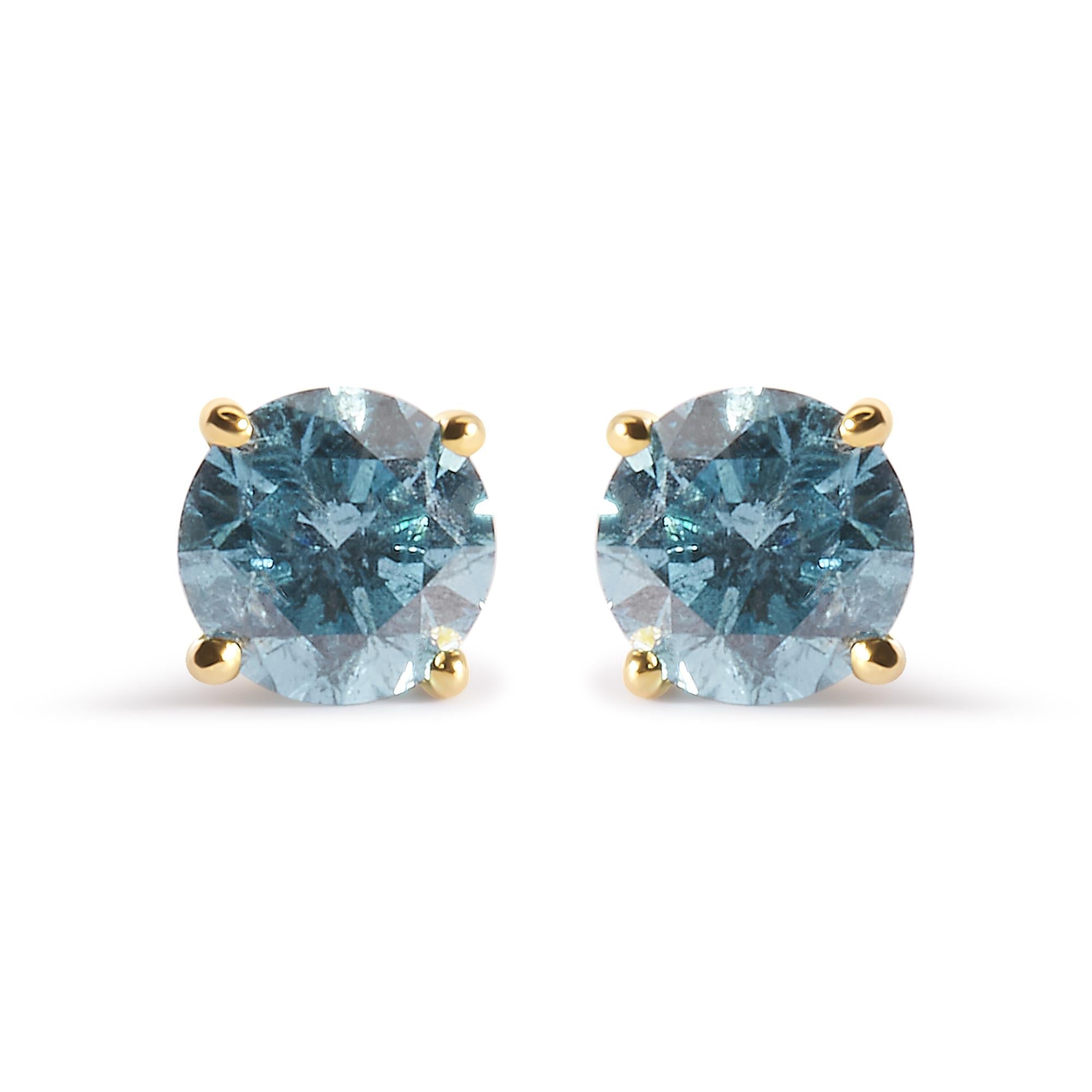 14K Yellow Gold 1.0 Cttw Treated Aqua Blue Diamond Classic Solitaire Stud Earrings (Aqua Blue Color, I2-I3 Clarity)