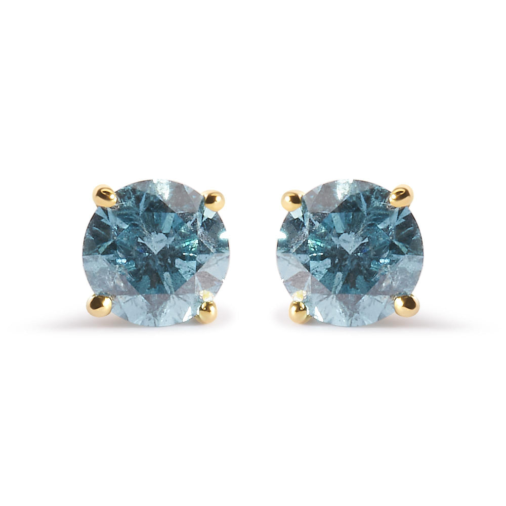 14K Yellow Gold 1.0 Cttw Treated Aqua Blue Diamond Classic Solitaire Stud Earrings (Aqua Blue Color, I2-I3 Clarity)
