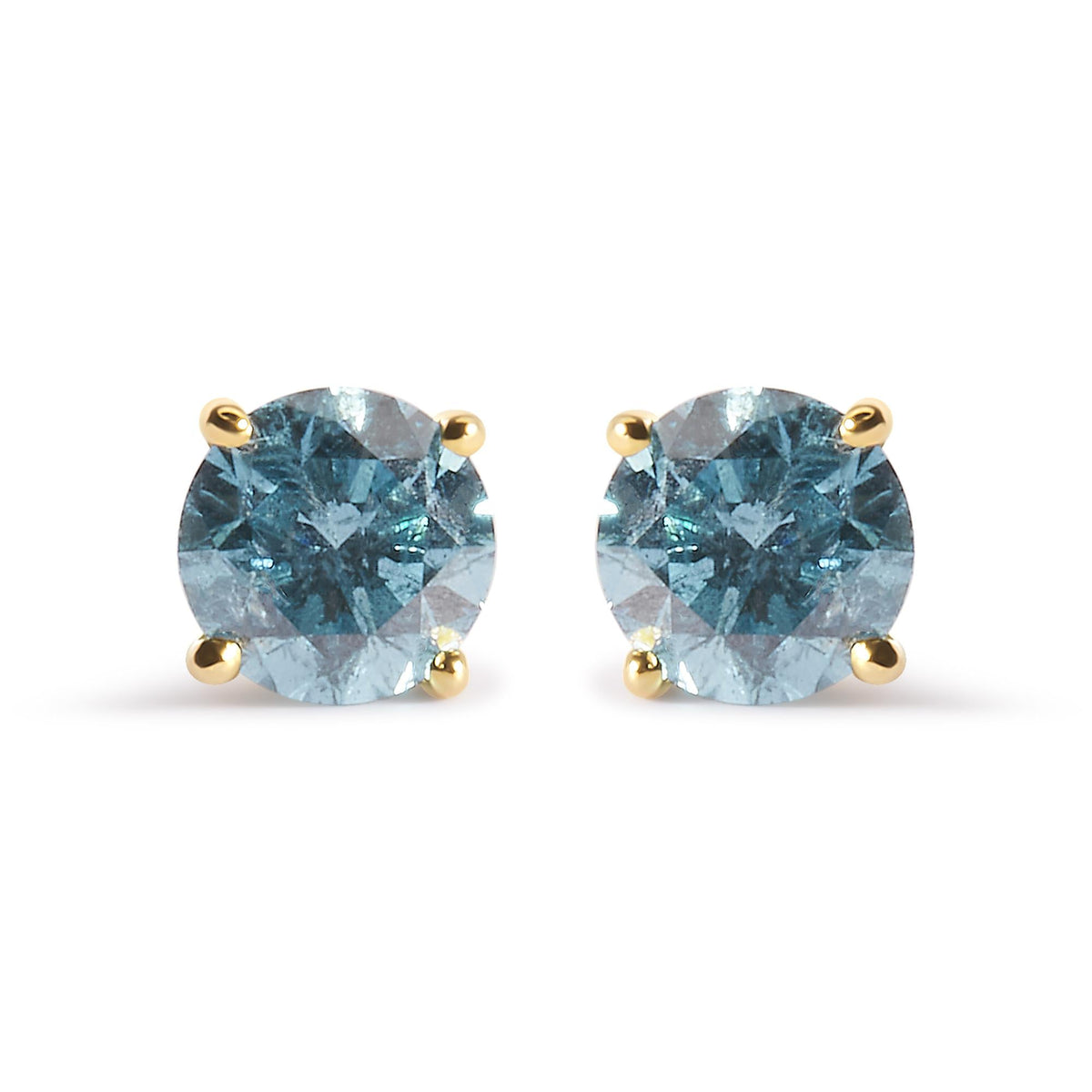 14K Yellow Gold 1.0 Cttw Treated Aqua Blue Diamond Classic Solitaire Stud Earrings (Aqua Blue Color, I2-I3 Clarity)