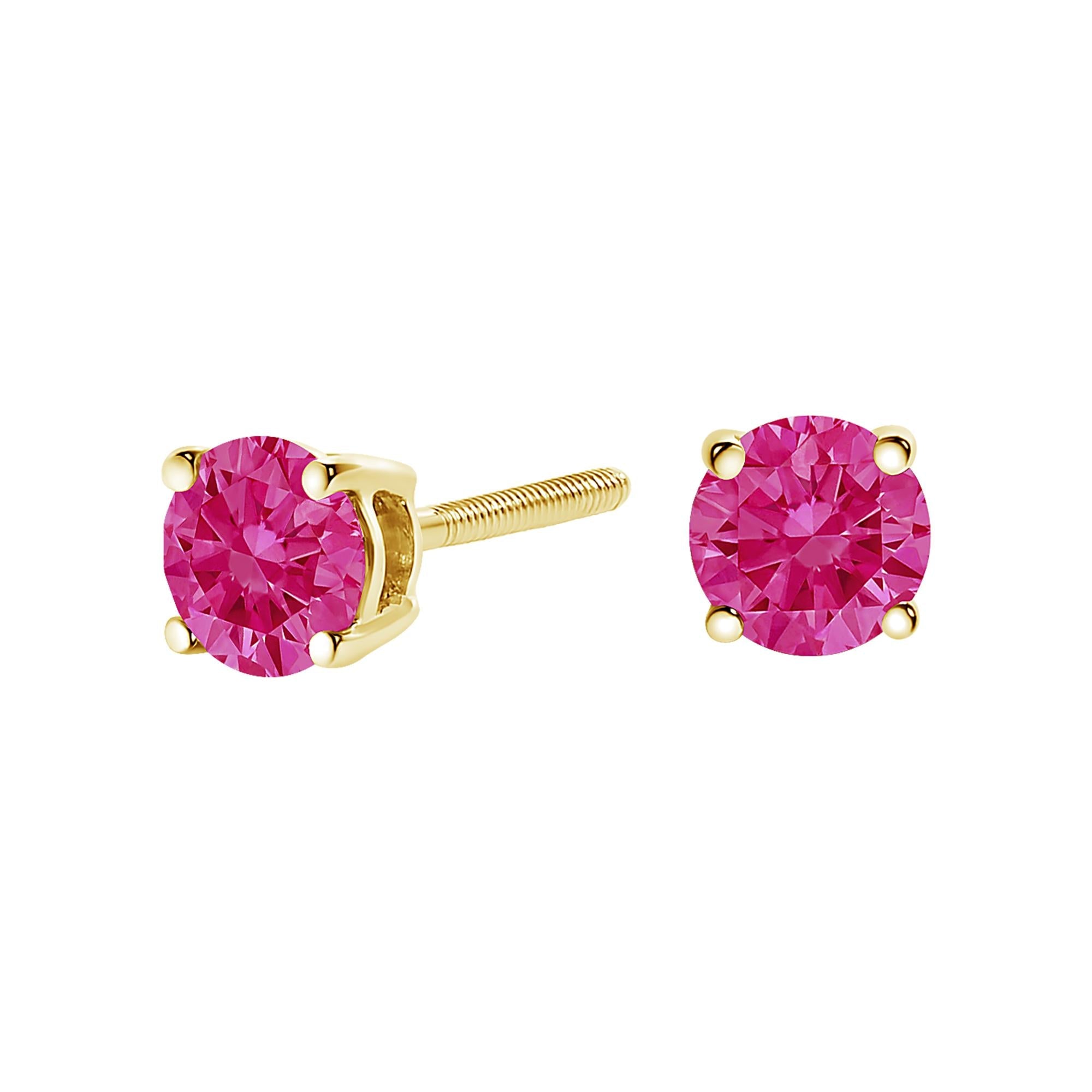 14K Yellow Gold 1.00 Cttw Round Brilliant Cut Lab Grown Pink Diamond 4-Prong Classic Solitaire Earrings (Pink Color, VVS2-VS1 Clarity)