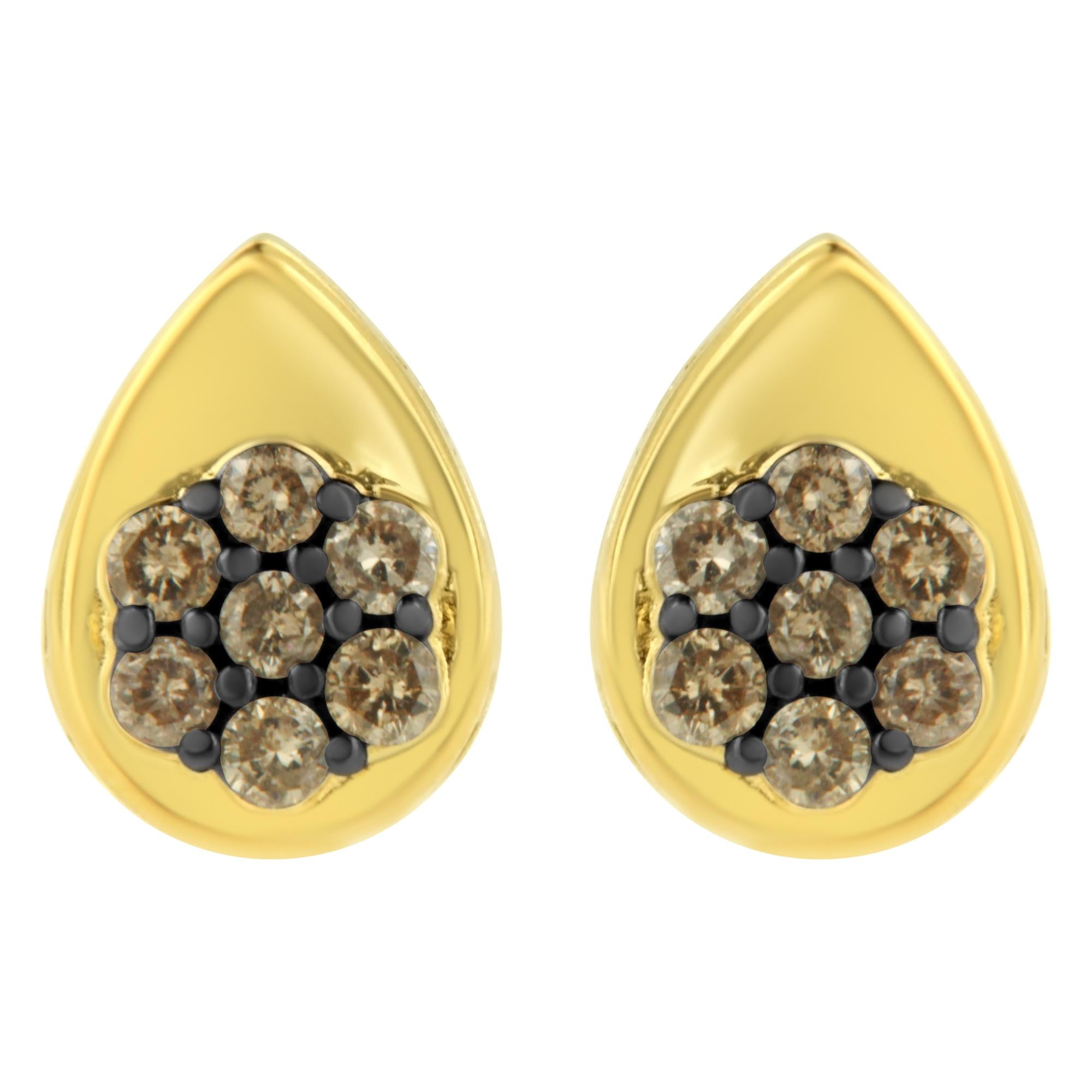 10K Yellow Gold Plated .925 Sterling Silver 1/2 Cttw Prong Set Round-Cut Diamond Floral Cluster Stud Earring (Champagne Color, I1-I2 Clarity)