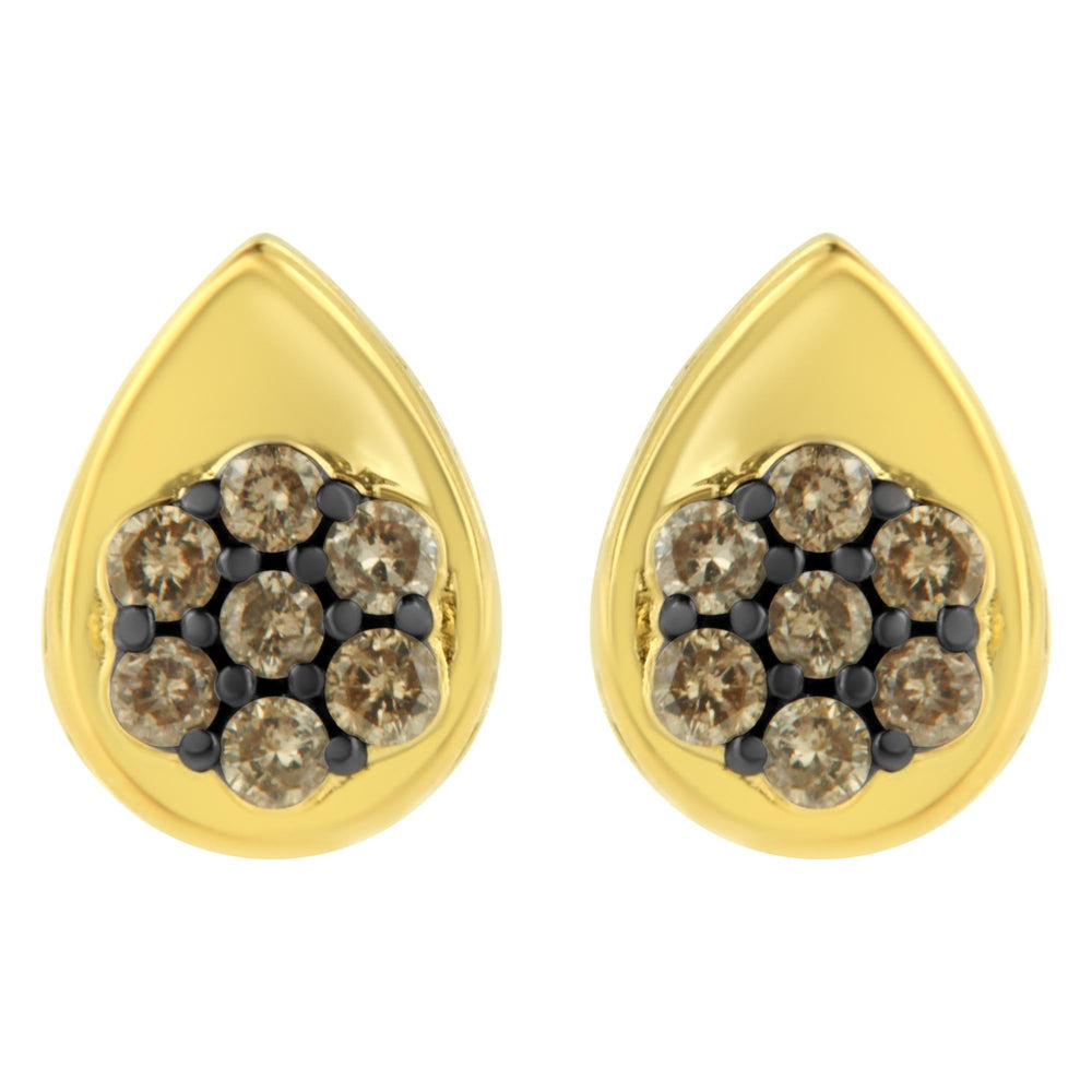 10K Yellow Gold Plated .925 Sterling Silver 1/2 Cttw Prong Set Round-Cut Diamond Floral Cluster Stud Earring (Champagne Color, I1-I2 Clarity)