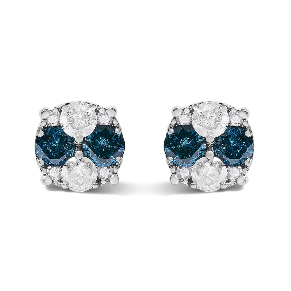 .925 Sterling Silver 2.0 Cttw Blue Diamond Composite Cluster Stud Earring