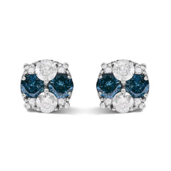 .925 Sterling Silver 2.0 Cttw Blue Diamond Composite Cluster Stud Earring