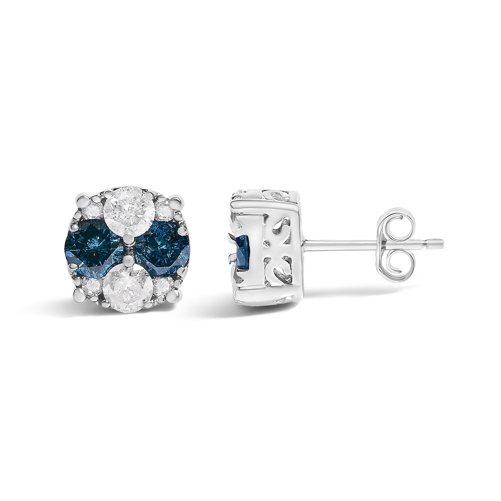 .925 Sterling Silver 2.0 Cttw Blue Diamond Composite Cluster Stud Earring