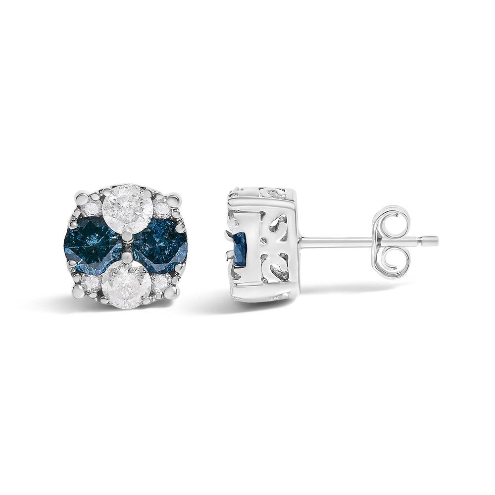 .925 Sterling Silver 2.0 Cttw Blue Diamond Composite Cluster Stud Earring