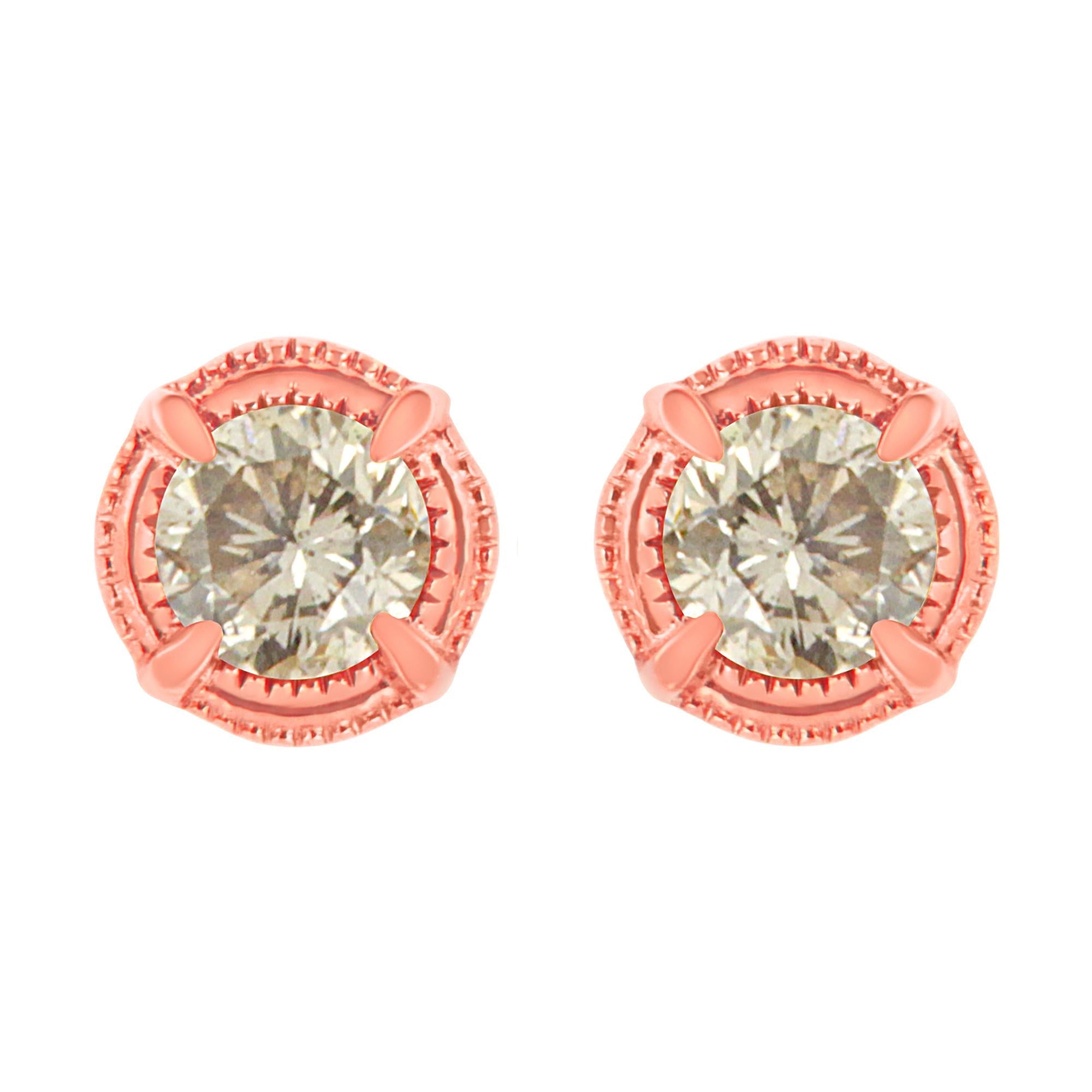 .925 Sterling Silver Round Brilliant Cut Diamond Solitaire Milgrain Stud Earrings