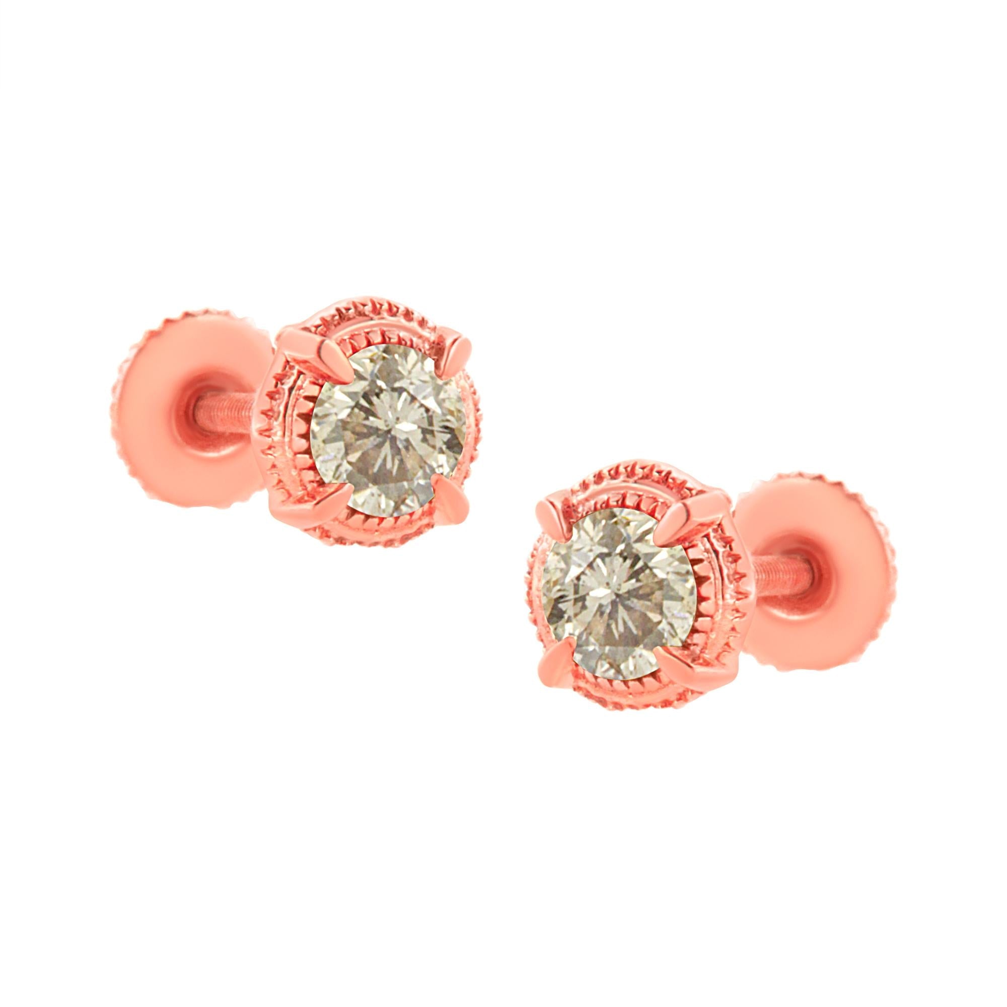 .925 Sterling Silver Round Brilliant Cut Diamond Solitaire Milgrain Stud Earrings