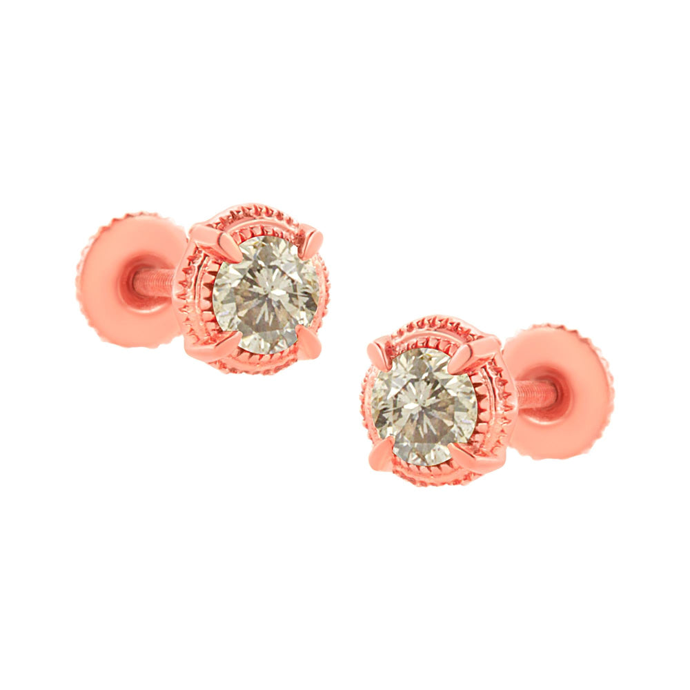.925 Sterling Silver Round Brilliant Cut Diamond Solitaire Milgrain Stud Earrings