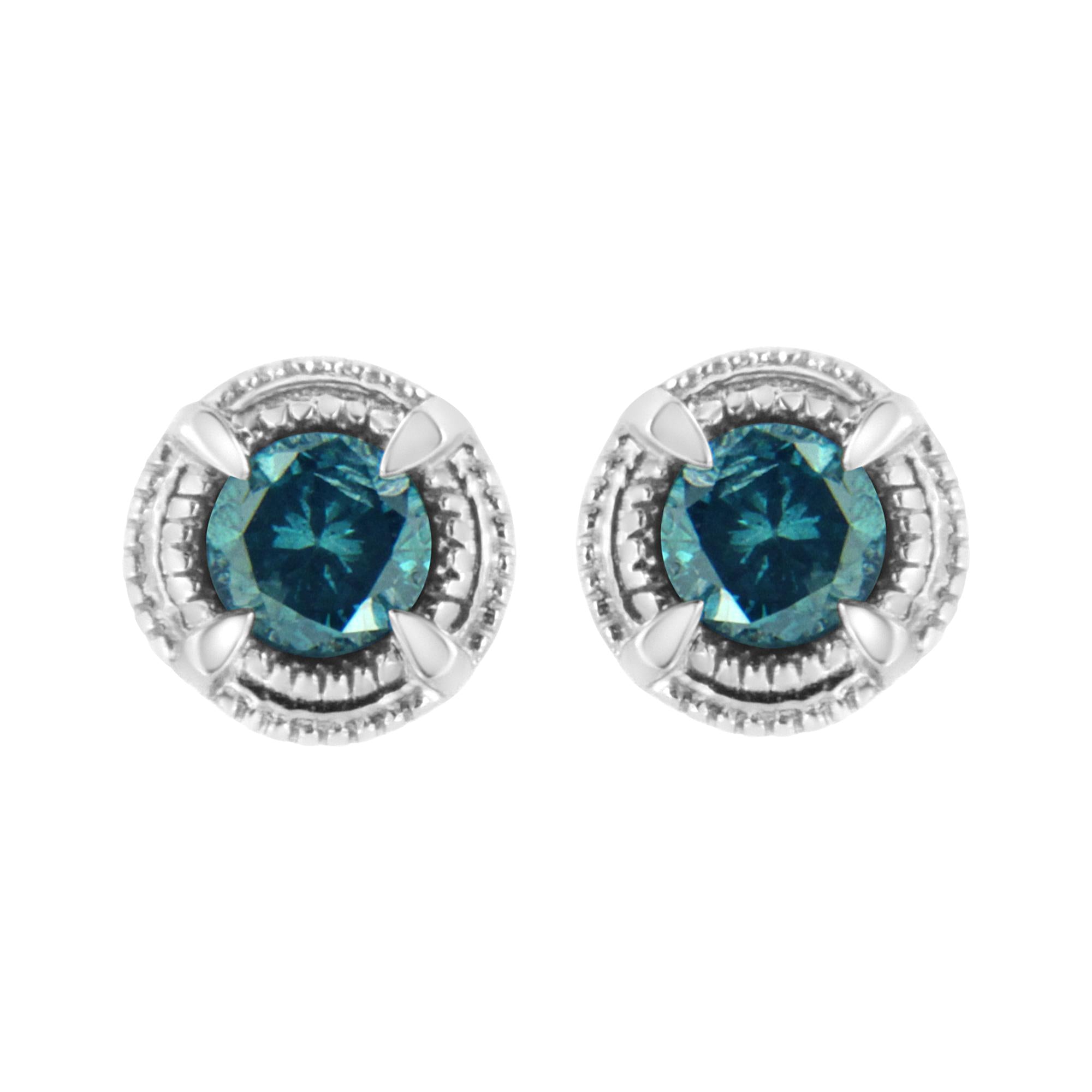 .925 Sterling Silver Treated Colored Diamond Modern 4-Prong Solitaire Milgrain Stud Earrings