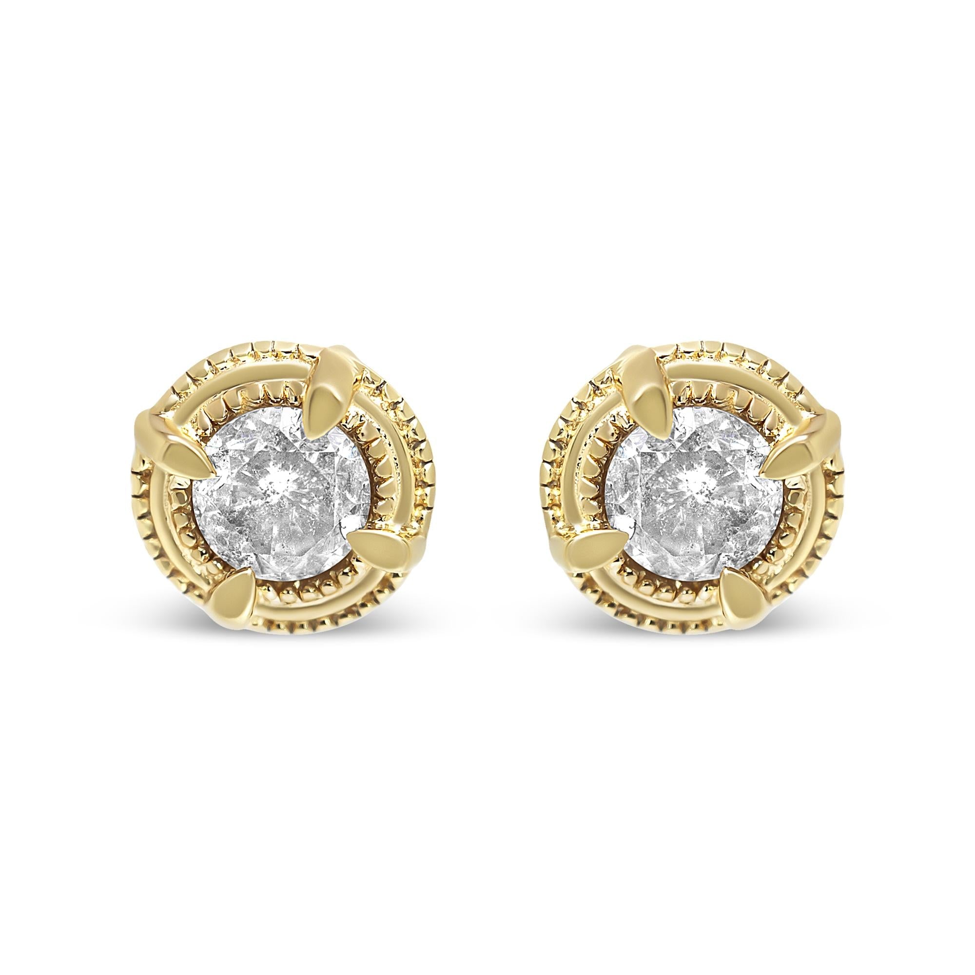 .925 Sterling Silver Round Brilliant Cut Diamond Solitaire Milgrain Stud Earrings