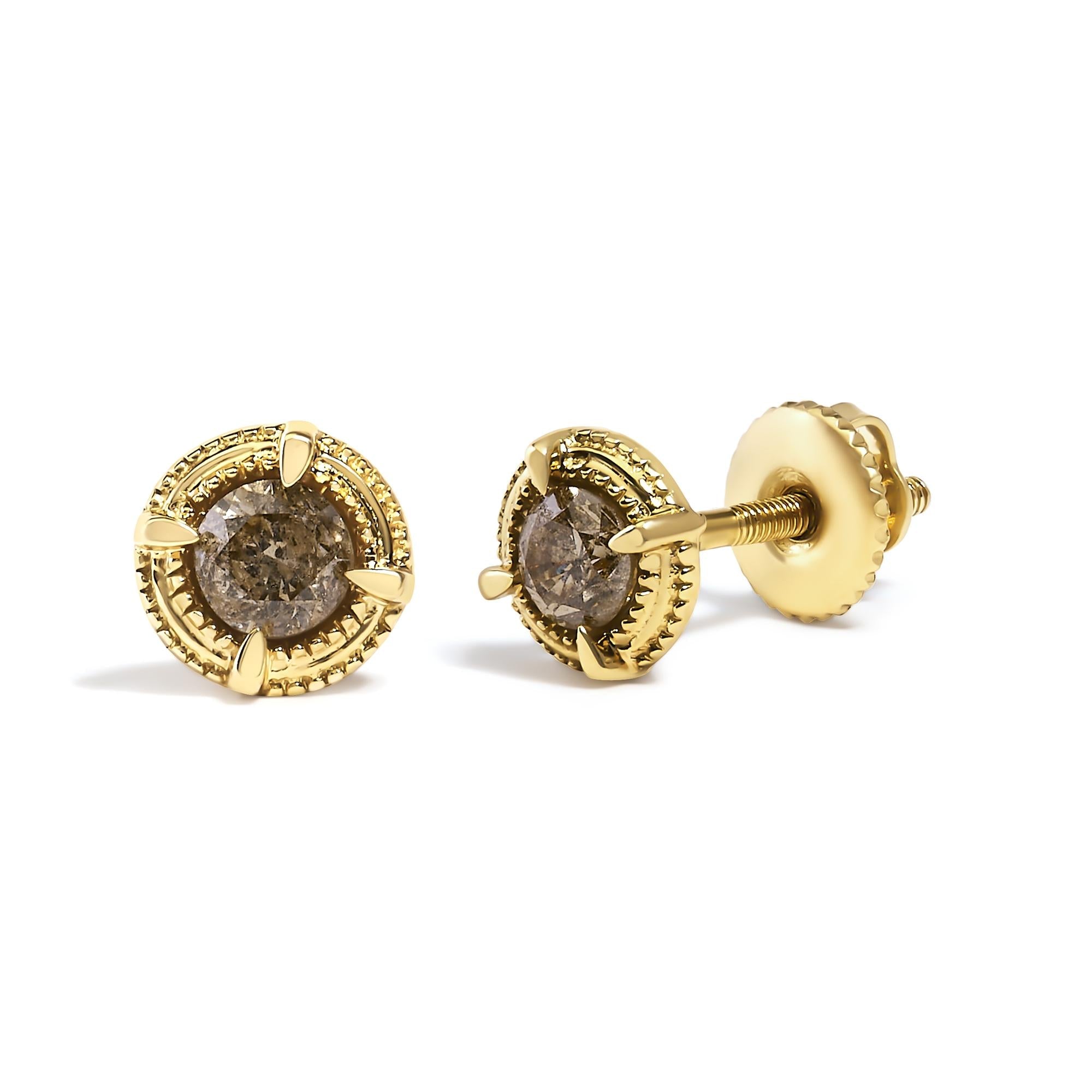 .925 Sterling Silver Round Brilliant Cut Diamond Solitaire Milgrain Stud Earrings